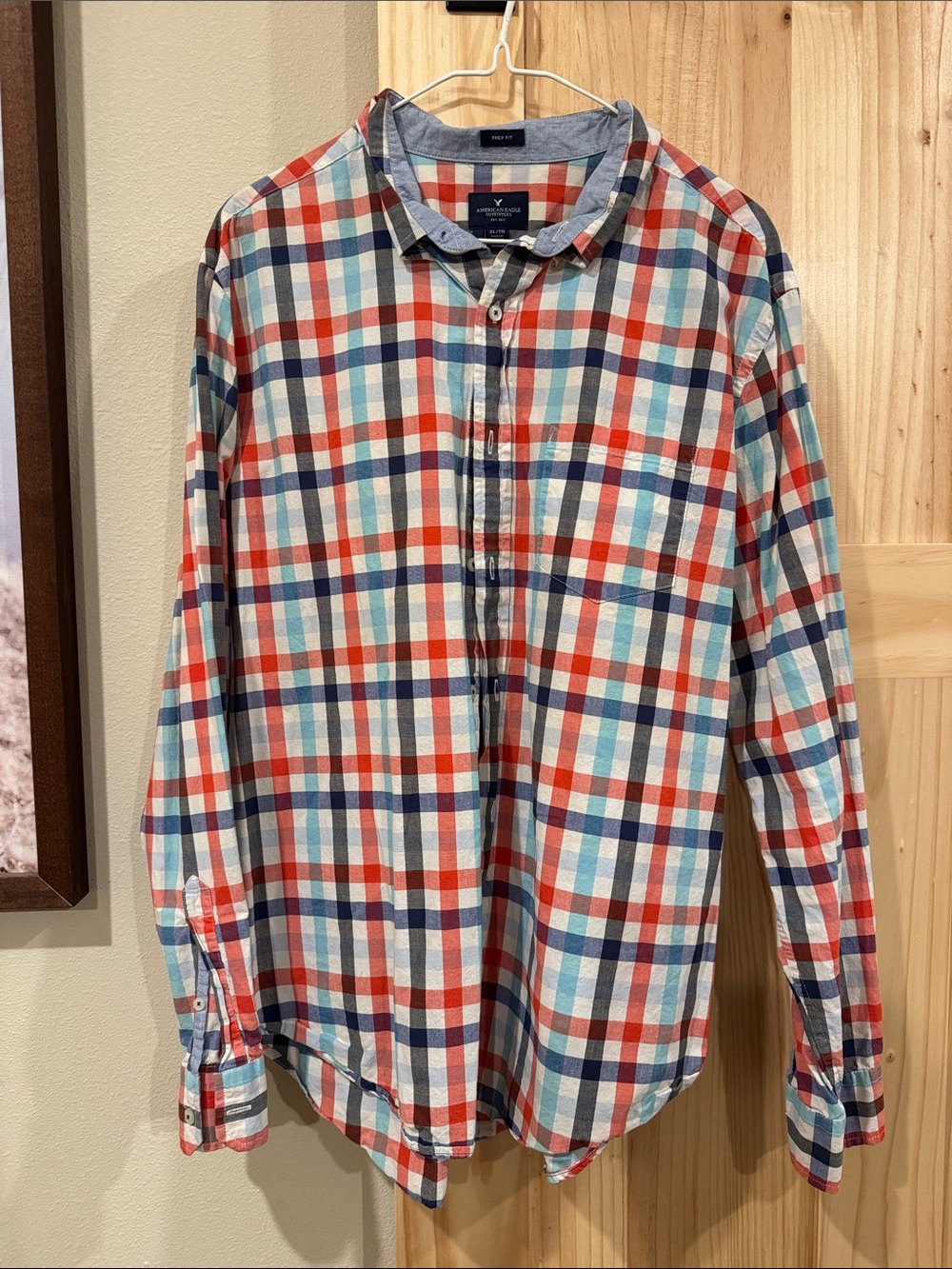 American Eagle Red, Blue, Gray & White Plaid Long-Sleeve Button-Down Shirt